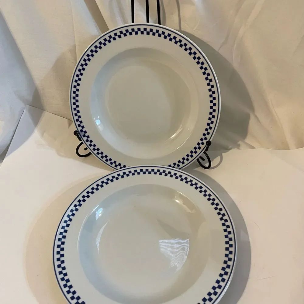 TOGNANA PORCELLANE BLUE WHITE CHECK CHECKERED RIMMED SOUP BOWL ITALY 9 “ A5.